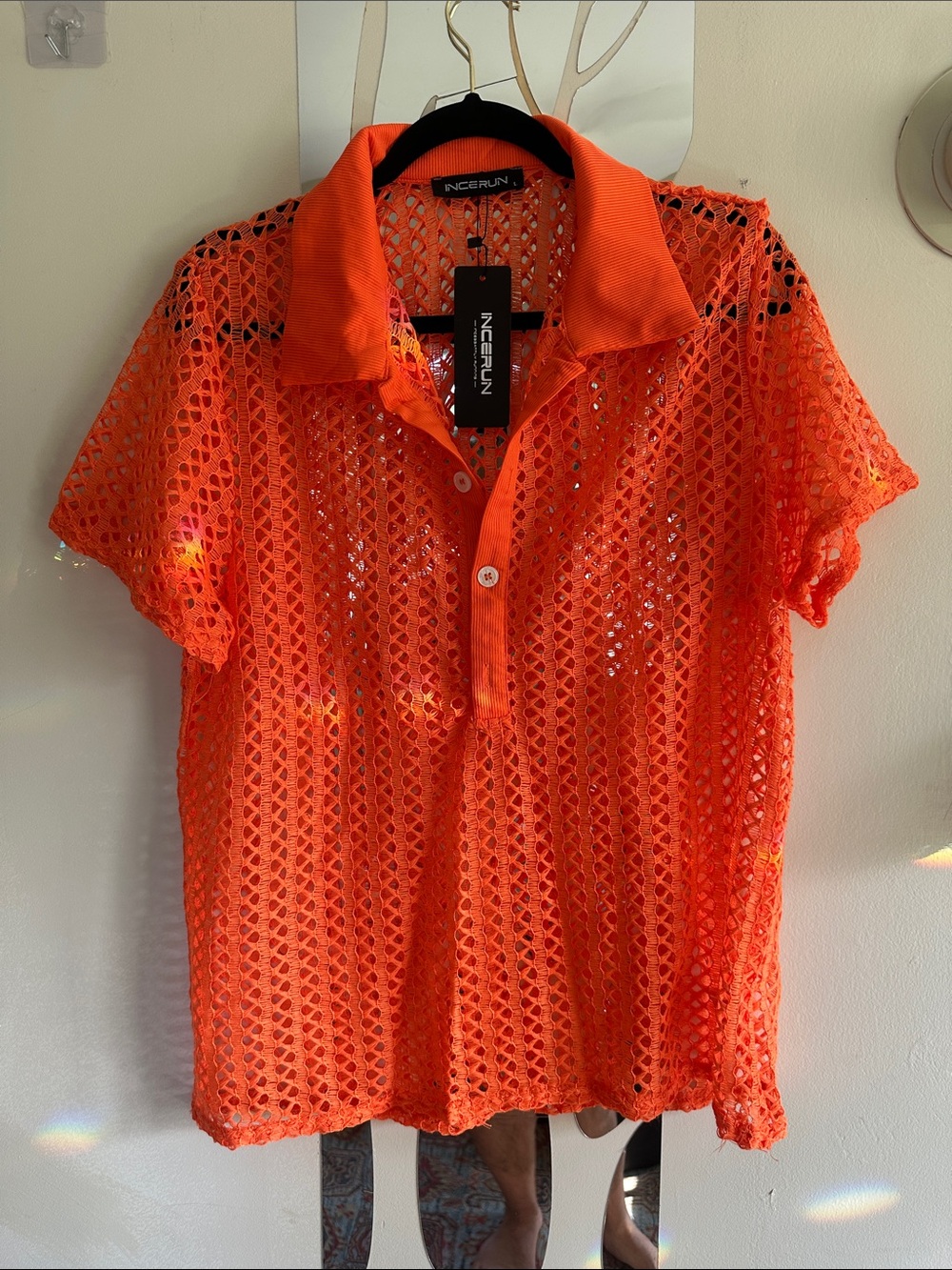 INCERUN Orange Crochet Polo Shirt NWT